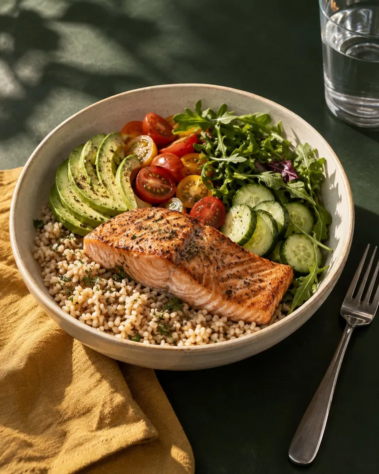A bowl of salmon, grains, avocado and fresh vegetables in warm sunlight.